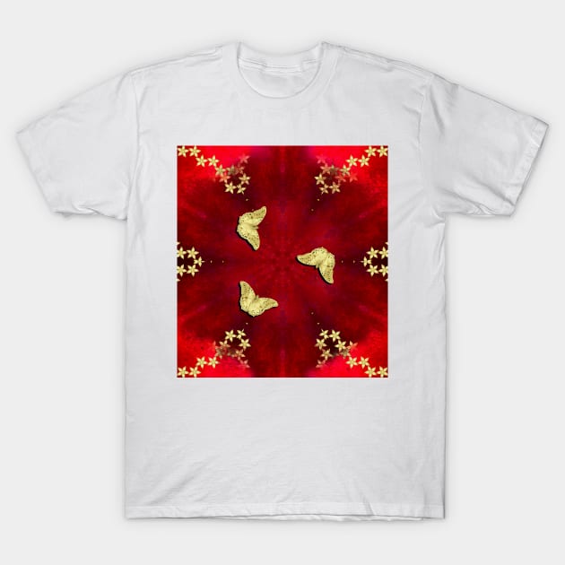 gold butterflies and flowers on red kaleidoscope T-Shirt by hereswendy